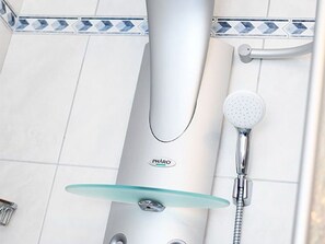 Chuveiro, secador de cabelo, toalhas de banho, sabonete