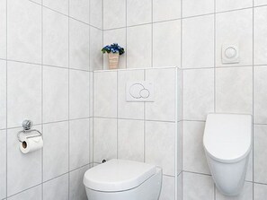 Chuveiro, secador de cabelo, toalhas de banho, sabonete