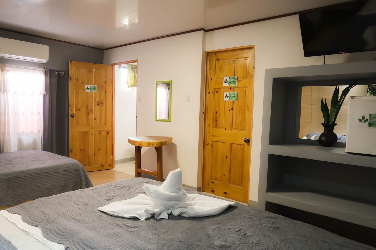 A hotel room with two beds, wooden doors, a small round table, a television, and a potted plant.