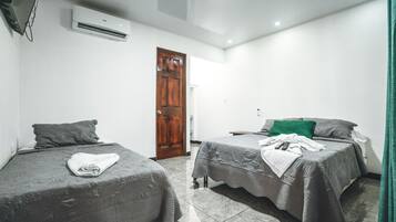 A room with two single beds, a wooden door, an air conditioning unit, and a green curtain.