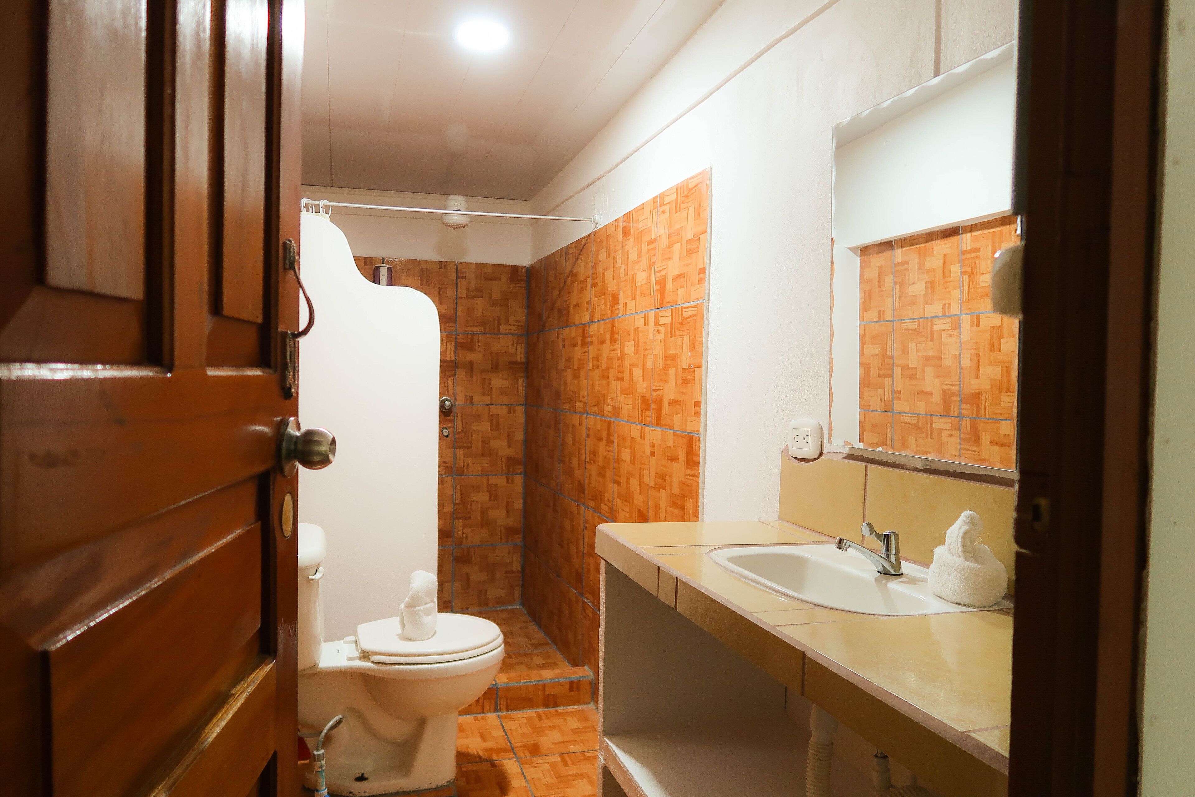 Une salle de bain avec une porte en bois, des toilettes blanches, un espace douche avec des carreaux en bois et un lavabo avec un miroir.