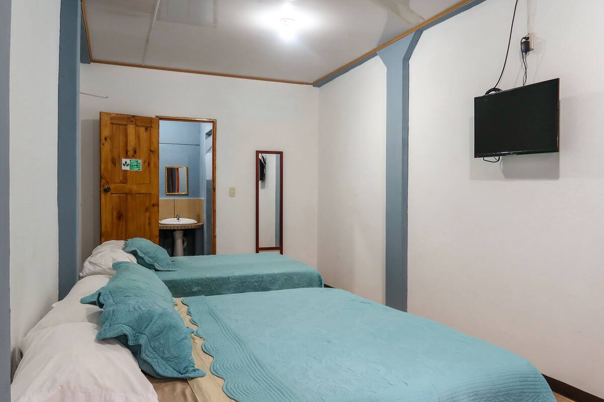 A room with two beds, a wooden door, a mirror, a sink, and a TV mounted on the wall.