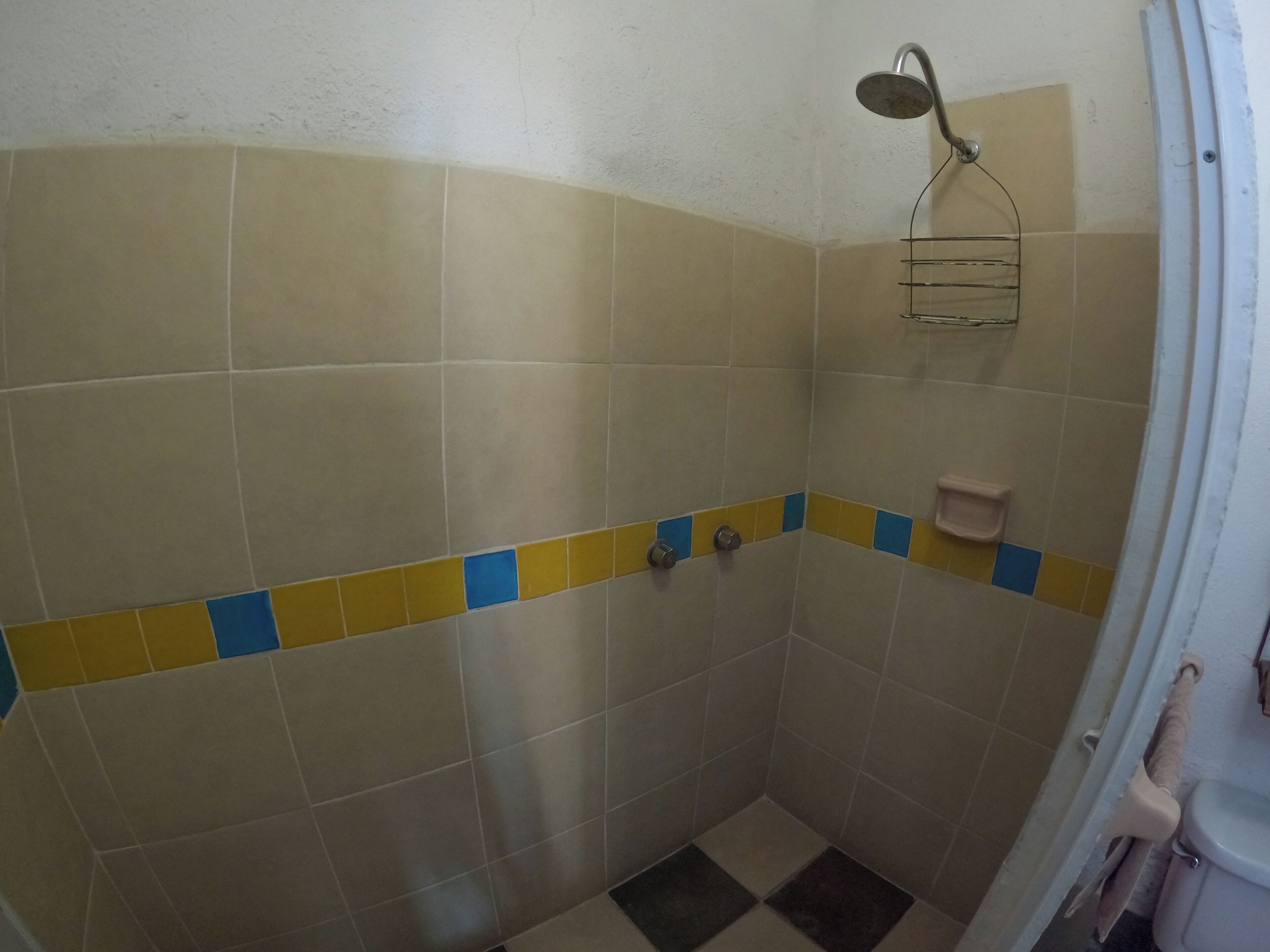 Un espacio de ducha pequeño con azulejos, un cabezal de ducha y un jabonera.
