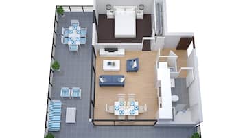 Distribución de un apartamento de dos habitaciones con comedor, sala de estar, cocina y balcón.