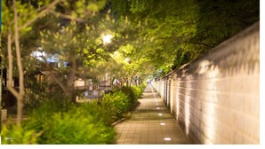 A pathway lined with trees and a stone wall, leading to a traditional building with a tiled roof. - Hotel The Vizit Jeonju (Jeonju)