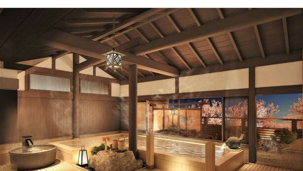 A traditional Japanese onsen with wooden beams, a stone hot spring, and a view of cherry blossoms through a window. - Oyado Tsukiyonousagi (Izumo)