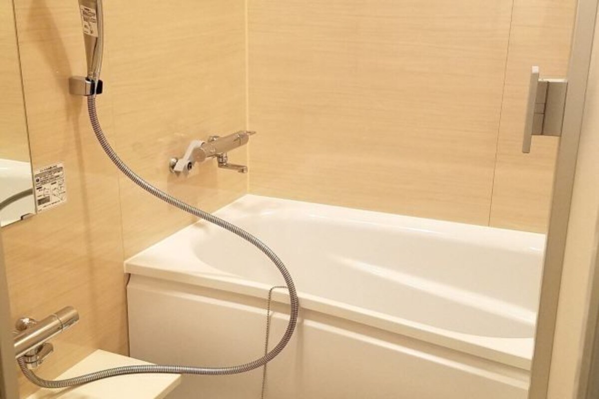 A bathroom with a white bathtub, a handheld showerhead, and a toilet.