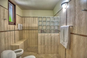 A bathroom with a shower, toilet, and a window with a grid pattern. - Casa Las Brisas A Caribbean Vacation Dream (Cabarete)