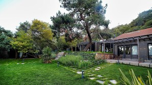 A modern house with a well-maintained garden, stone pathway, and large tree. - Triada Hotel Buyukada (Adalar)