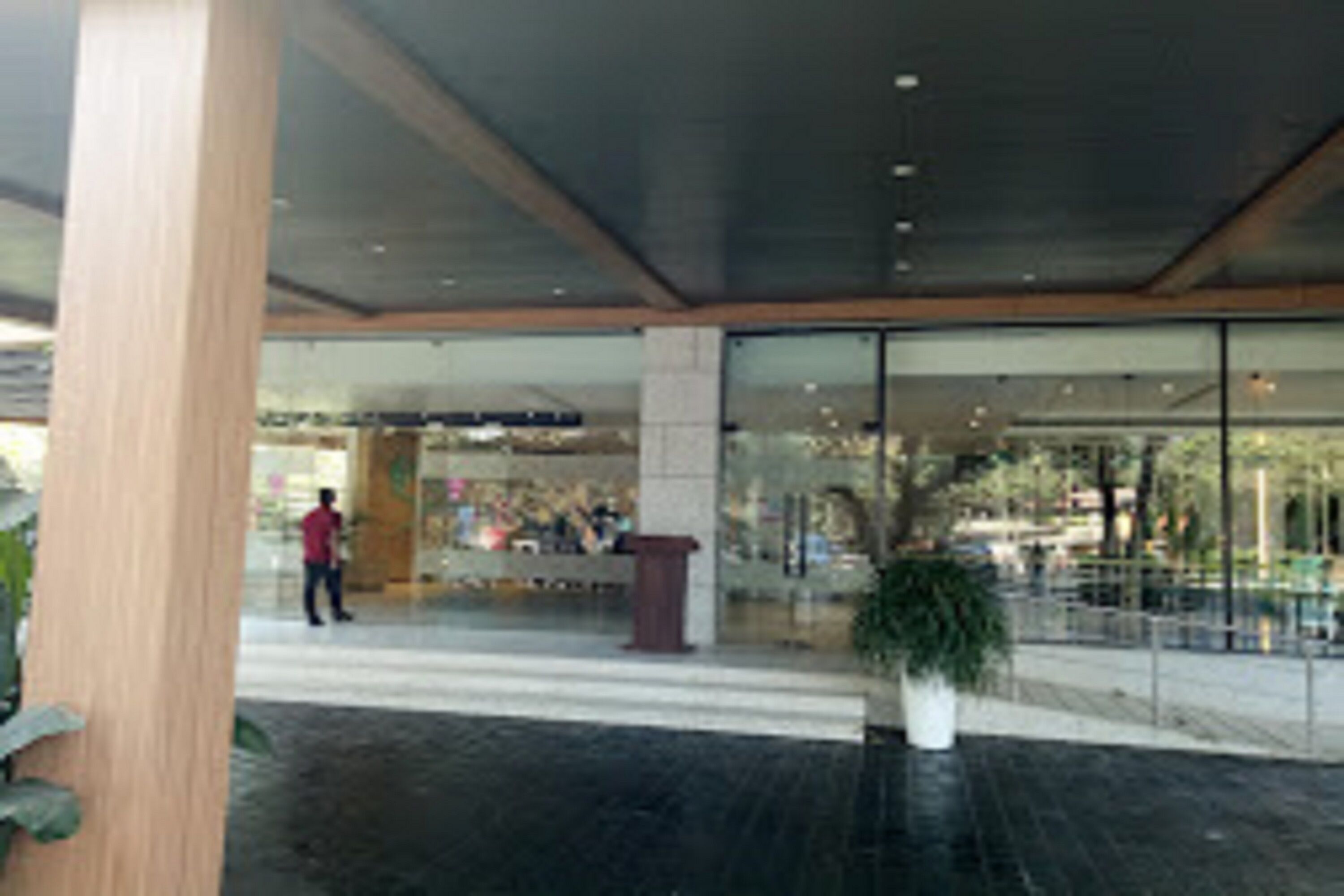 A modern building with a glass facade, a central column, and a potted plant.