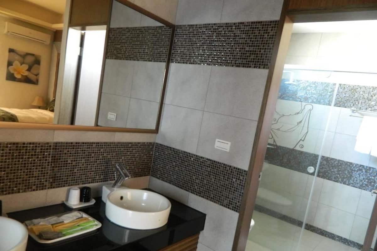 Shower, free toiletries, hair dryer, slippers