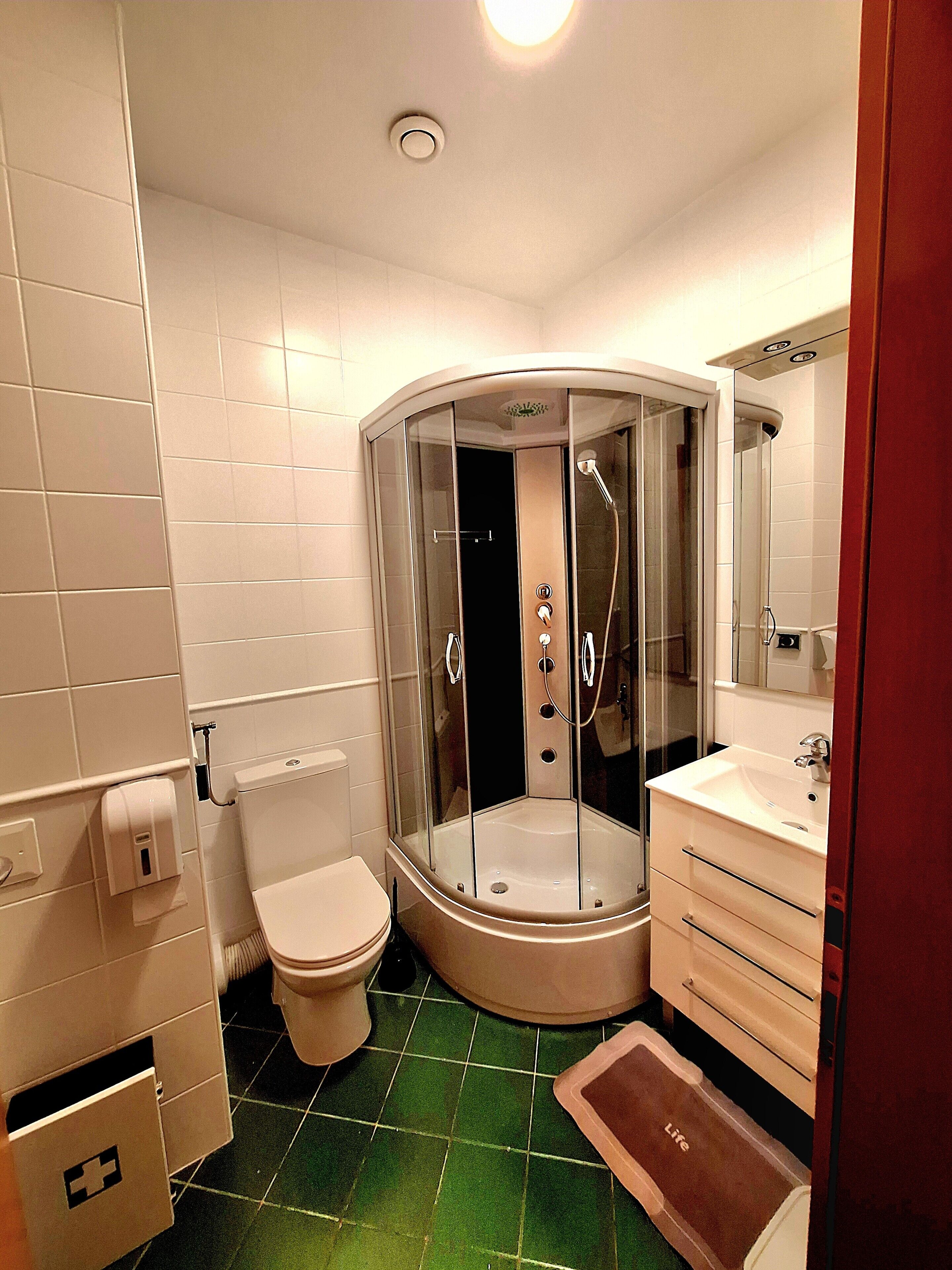 A modern bathroom with a glass-enclosed shower, a toilet, a sink, and a mirror.