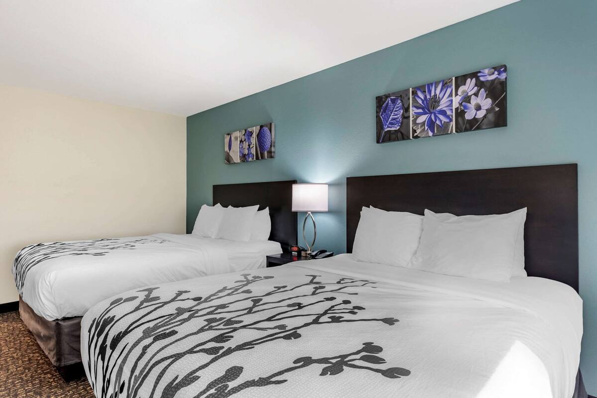 A hotel room with two beds, a nightstand, a lamp, and floral artwork on the walls.