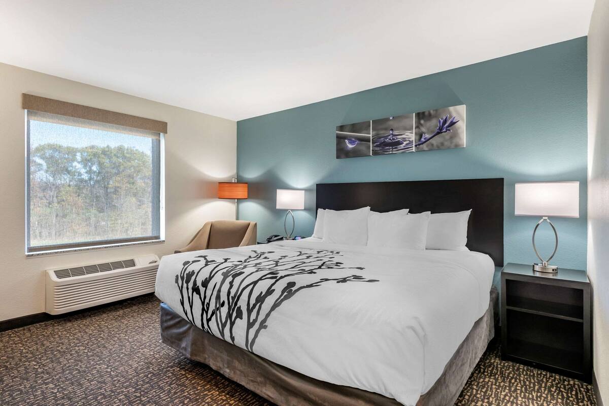 A hotel room with a large bed, two bedside tables, a chair, a window with a view, and artwork on the wall.
