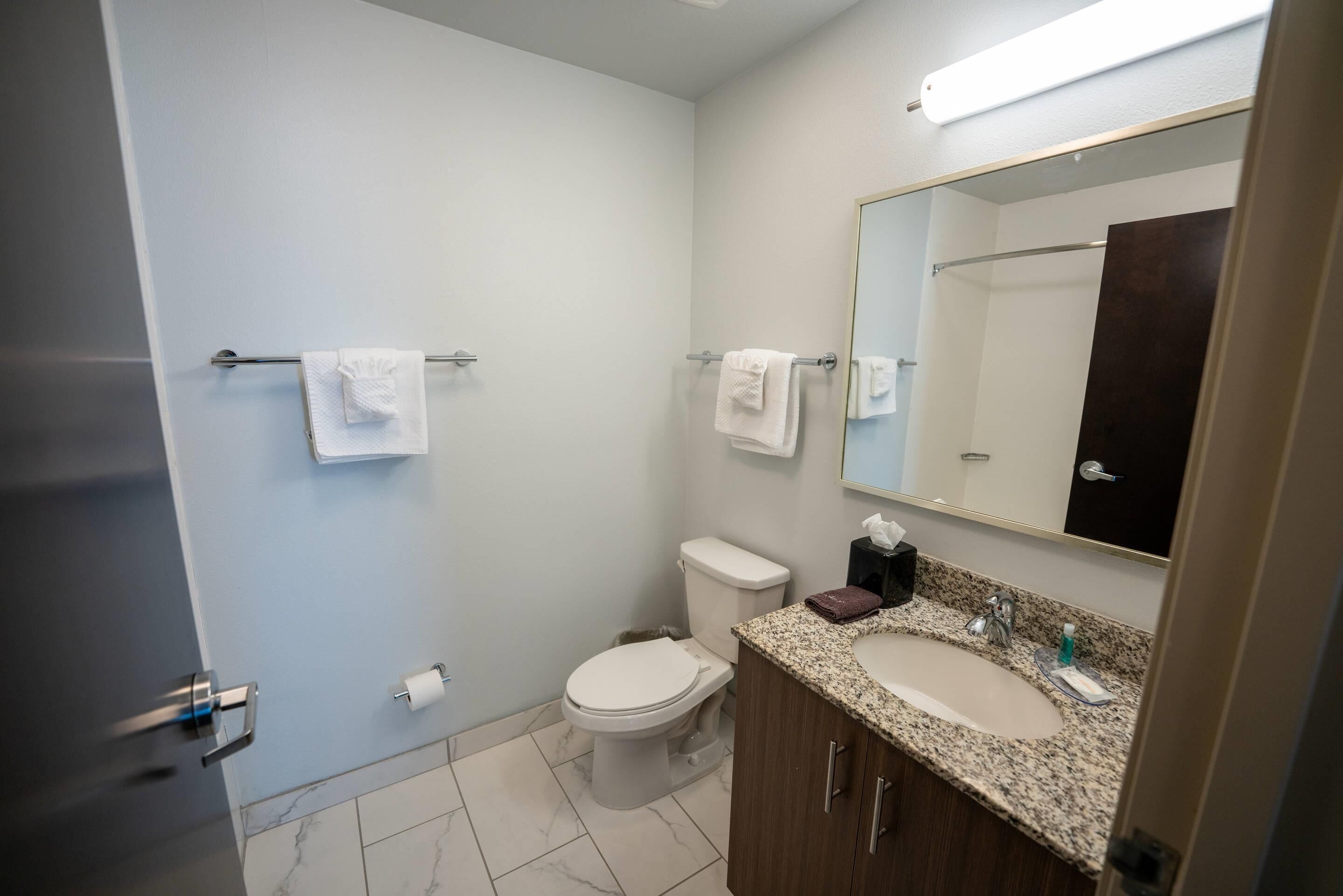 A modern bathroom with a toilet, sink, and mirror. There are towels on the towel rack and a tissue box on the sink counter.