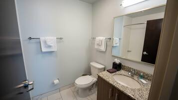 A modern bathroom with a toilet, sink, and mirror. There are towels on the towel rack and a tissue box on the sink counter.