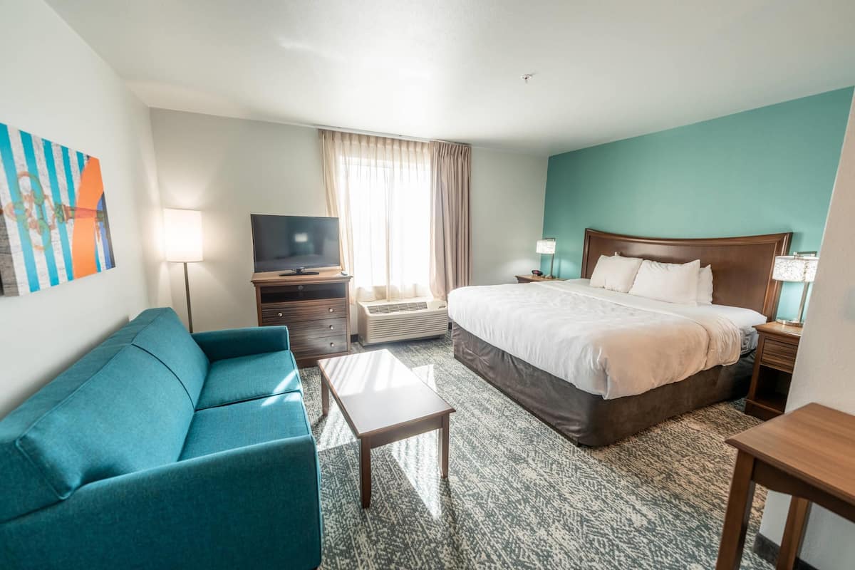 A hotel room with a bed, a sofa, a TV, and a desk.