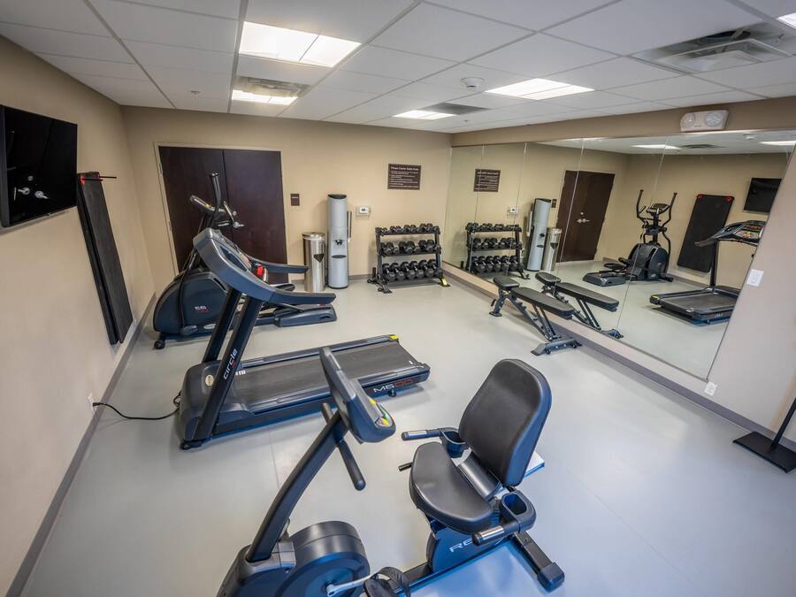 Un gimnasio con cintas de correr, elípticas y pesas libres.
