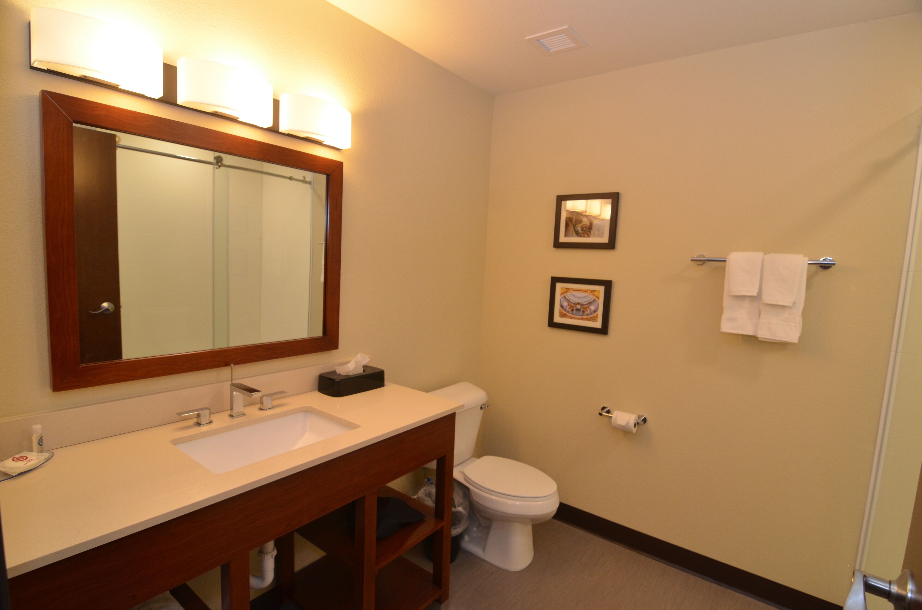 A hotel bathroom with a white sink, mirror, and toilet. There are two framed pictures on the wall and a towel rack with towels.