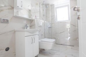 Shower, hair dryer, bidet, towels