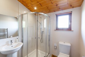A modern bathroom with a glass-enclosed shower, a white sink, and a toilet.