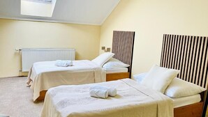 Une chambre avec deux lits, une lucarne, un radiateur et des panneaux muraux à rayures.