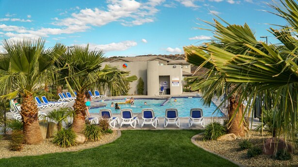 Una piscina con tumbonas y palmeras.
