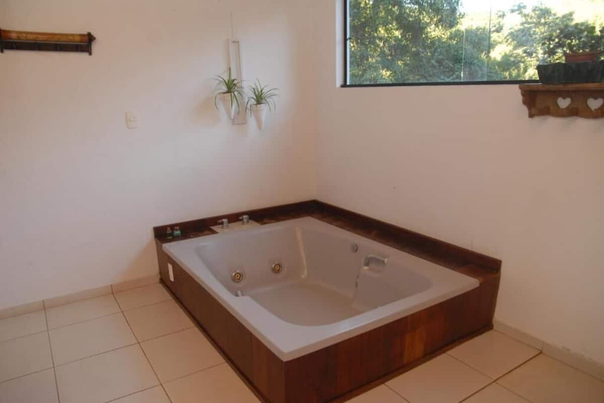 Un baño con una bañera independiente grande, una ventana con vistas a árboles, y dos plantas en macetas en la pared.