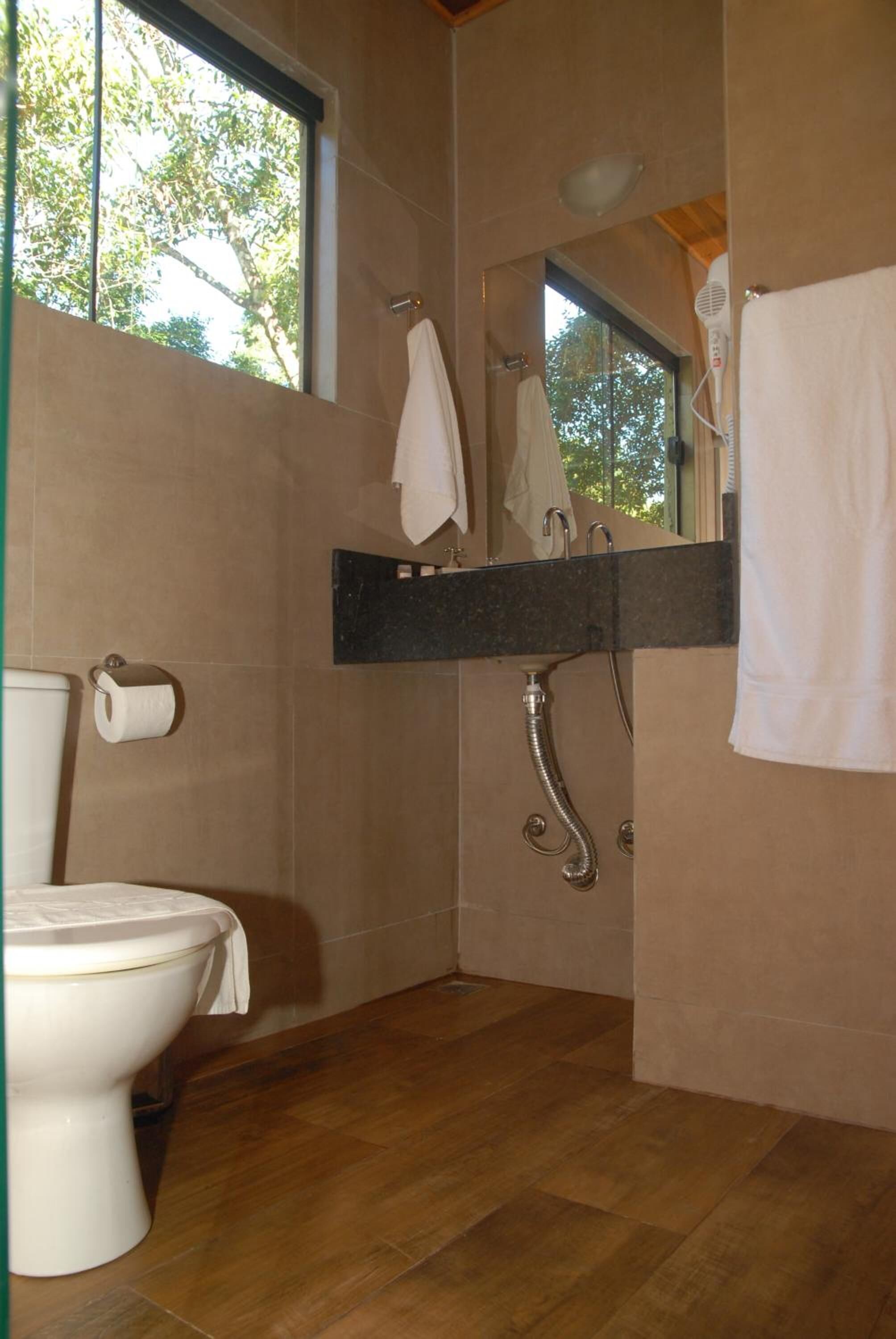 Secador de cabelo, toalhas de banho, sabonete, shampoo