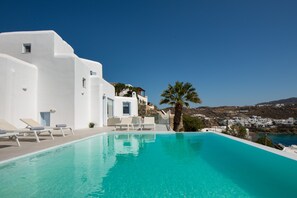 Outdoor pool, a heated pool, pool umbrellas, pool loungers