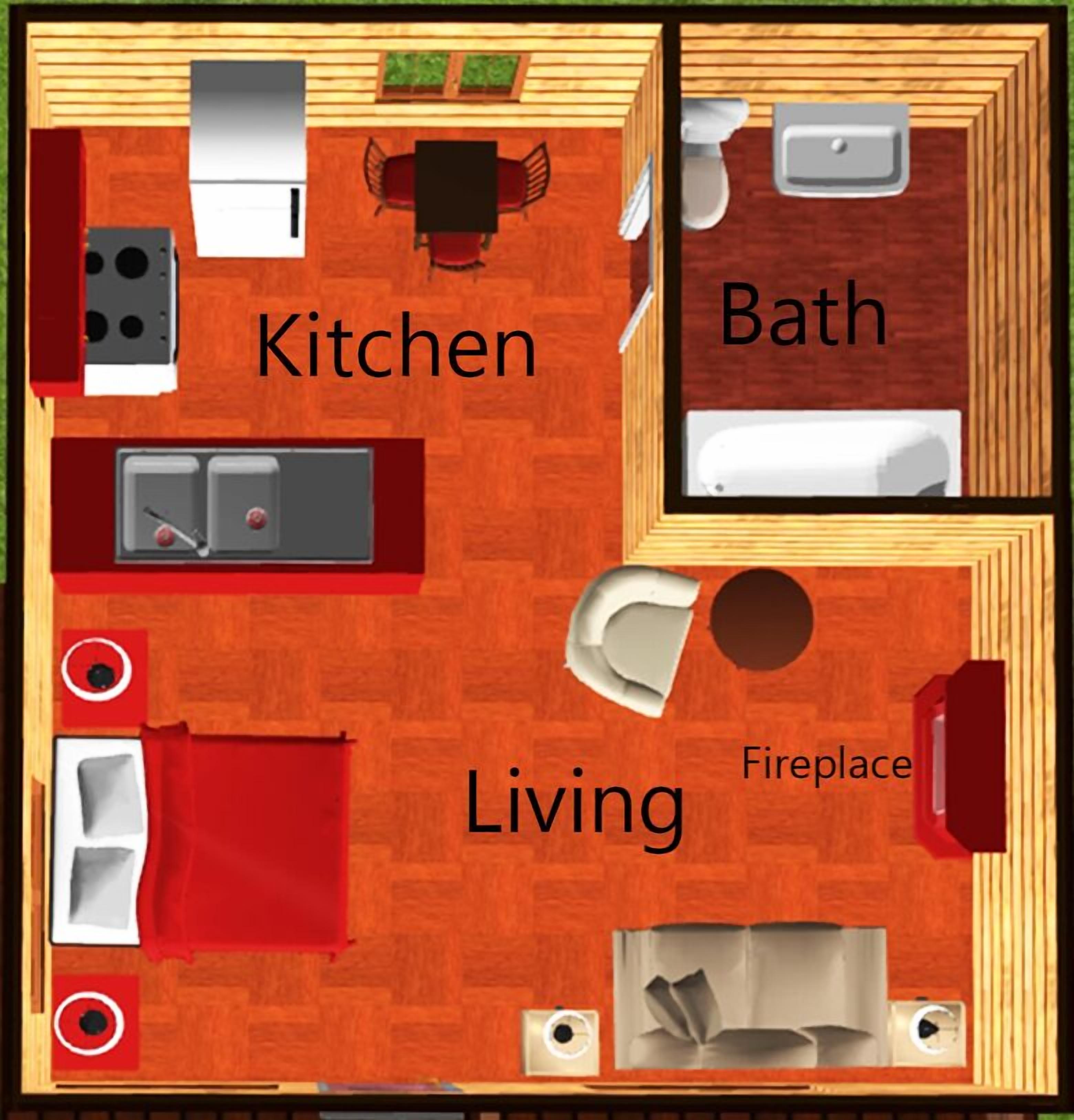 Plano de planta de una casa con cocina, sala de estar y baño.