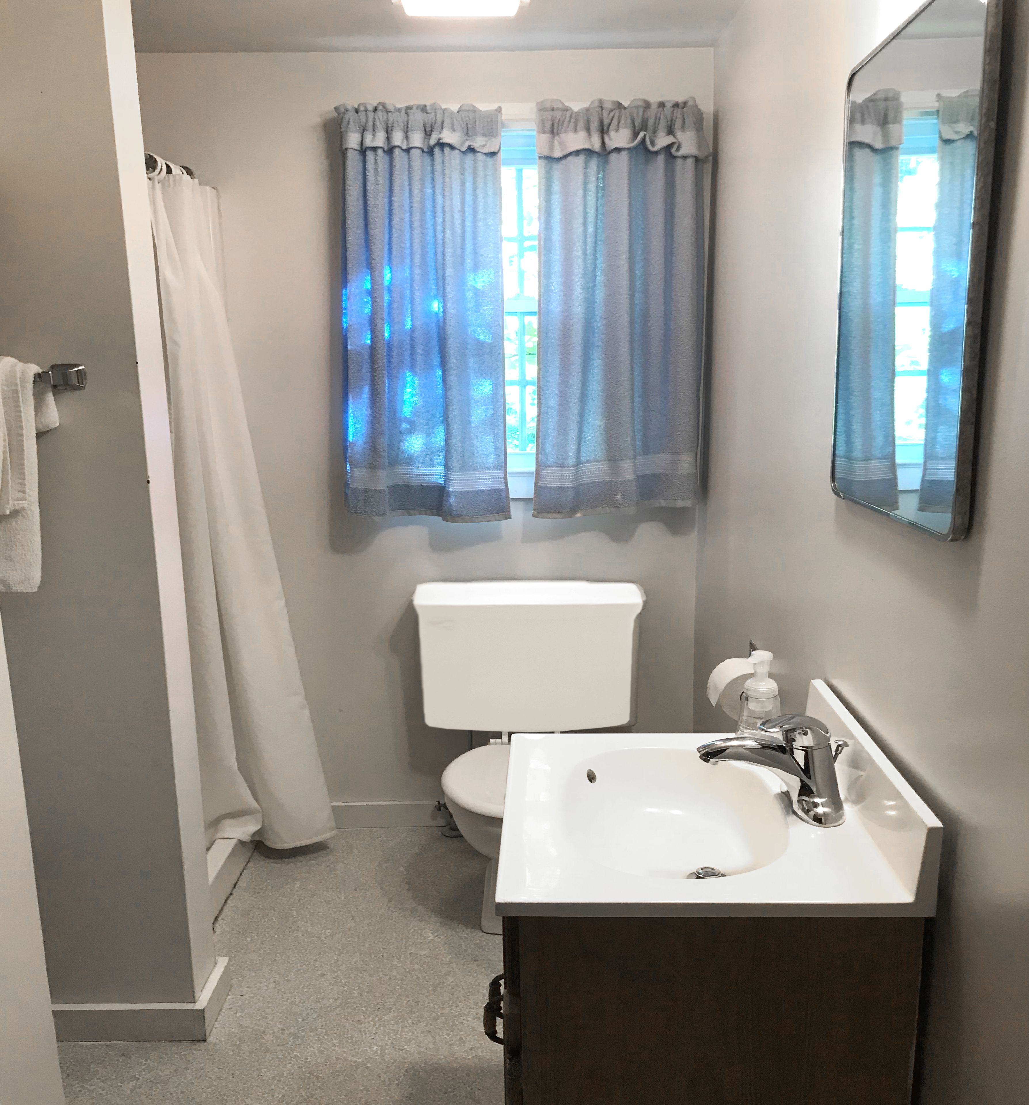 A bathroom with a toilet, sink, and shower curtain.