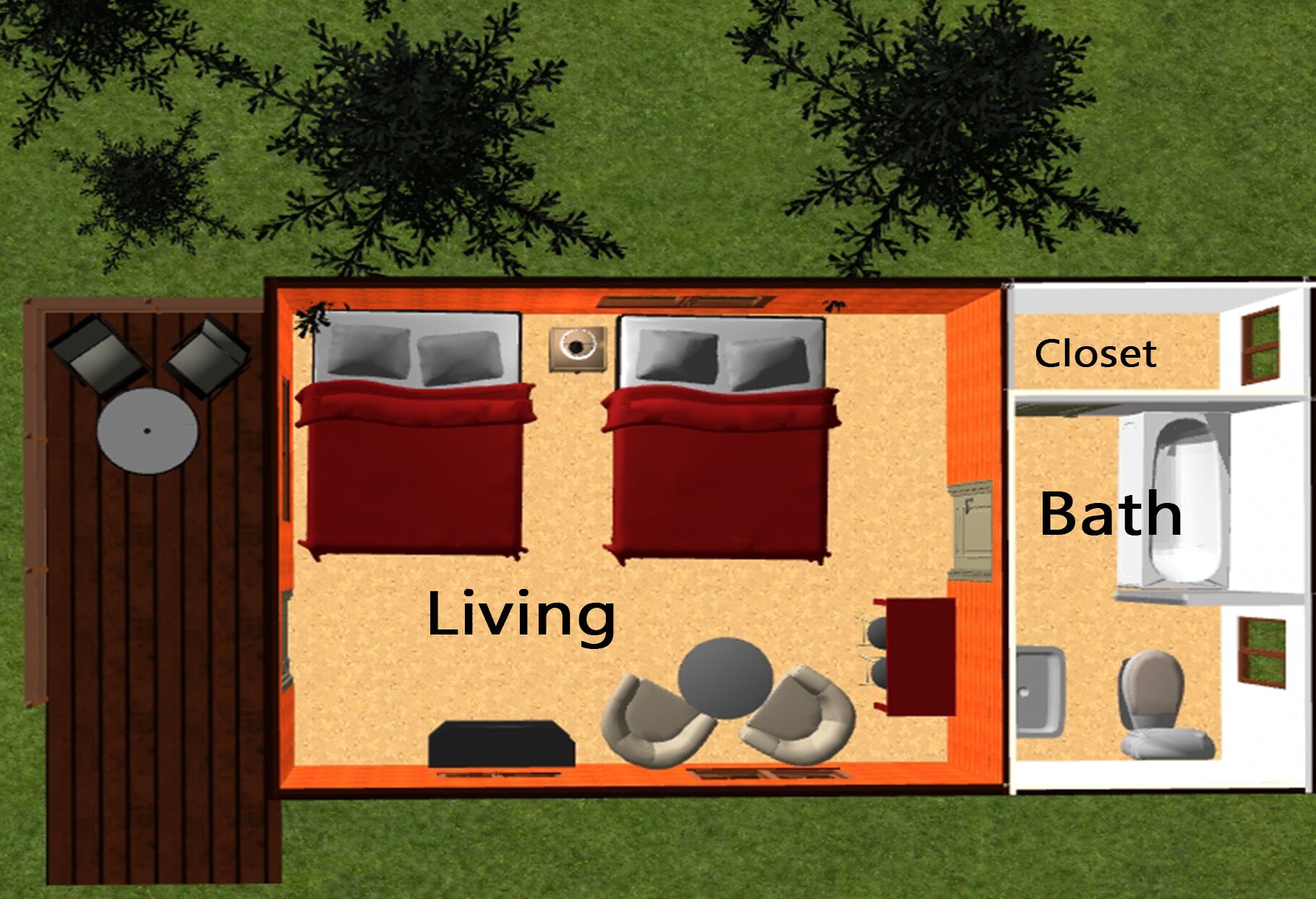 A 2-bedroom living area with a red sofa, two beds, a small table, and a TV. There is a separate bathroom with a toilet, sink, and shower.