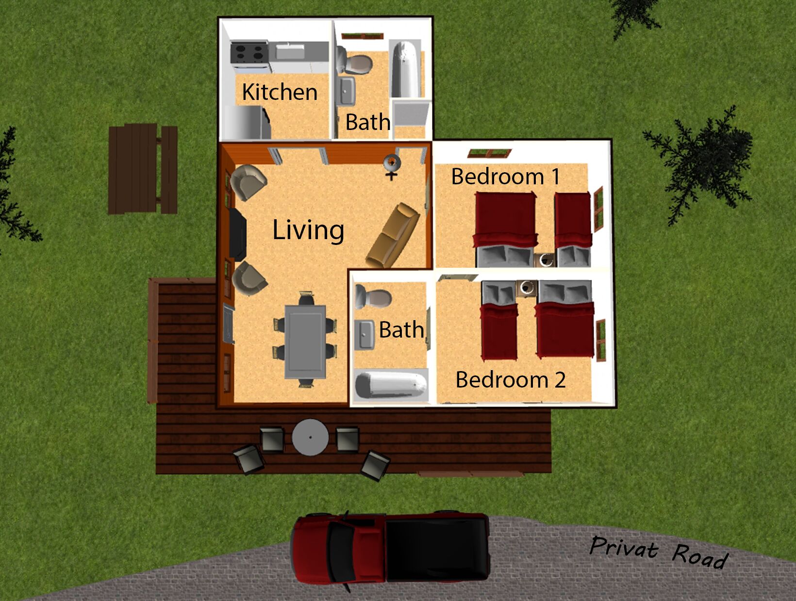 A house layout with a kitchen, living room, two bedrooms, and a bathroom.