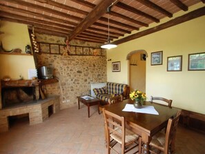 Interior - This ground floor house (55 sqm) consists of a living room with fireplace, satellite tv and kitchen (Chiusdino)