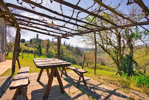Outdoor dining - This ground floor house (55 sqm) consists of a living room with fireplace, satellite tv and kitchen (Chiusdino)