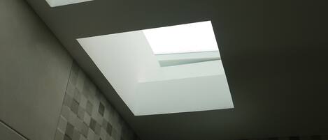 A bathroom with skylights, a shower, and a tiled wall.
