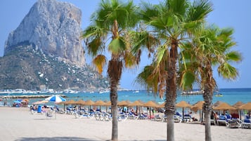 Plage à proximité, cabines (en supplément), chaises longues, parasols