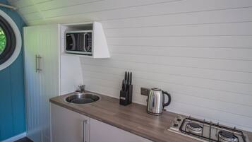 A compact kitchen with a sink, stove, and a microwave above the countertop.