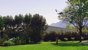 Ein gepflegter Rasen mit verschiedenen Bäumen und Sträuchern, einer Steinmauer und einem Gebäude im Hintergrund.