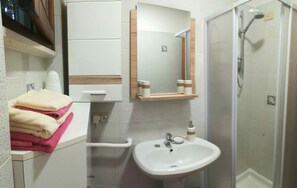 Een douche, een haardroger, een bidet, handdoeken