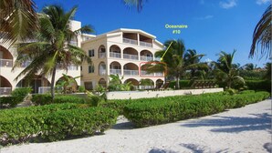 Un hotel frente a la playa con varios balcones, palmeras y un cielo azul despejado.