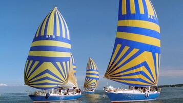 Three sailboats with blue and yellow striped sails on calm water.
