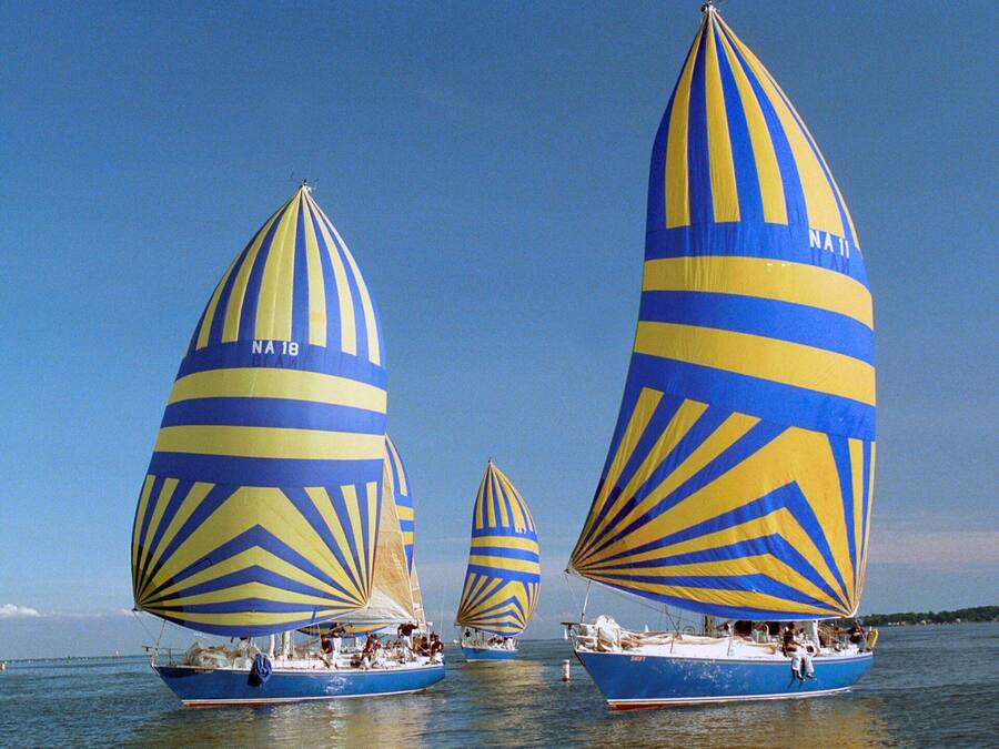 Three sailboats with blue and yellow striped sails on calm water.