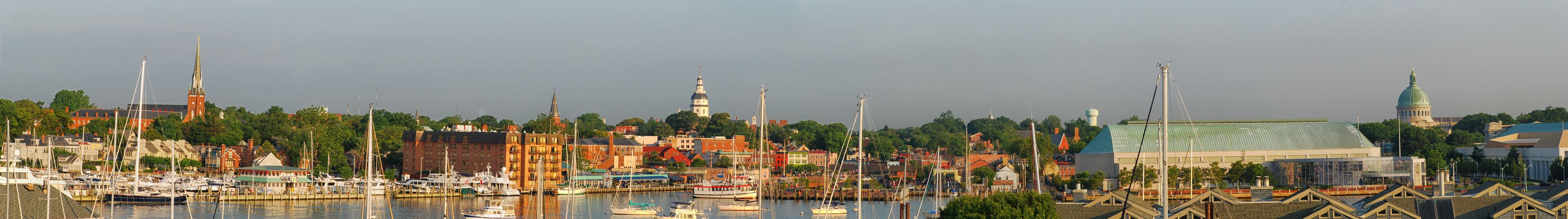 A marina with boats docked, a church steeple, and a large building with a dome.