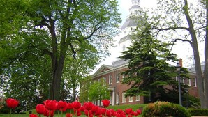 A building with a dome and columns, surrounded by a garden with red and yellow tulips. - Inn at Horn Point (Annapolis)