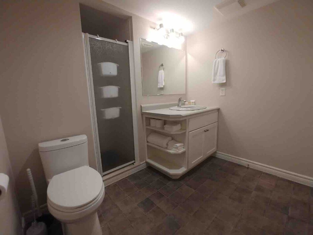 Un baño con inodoro, lavamanos y ducha.