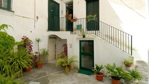 Une cour avec un escalier menant à une porte verte, entourée de plantes en pot et d’un bâtiment blanc aux volets verts.