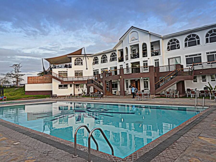 Outdoor pool, pool umbrellas, pool loungers