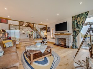 Smart TV, fireplace, DVD player, books